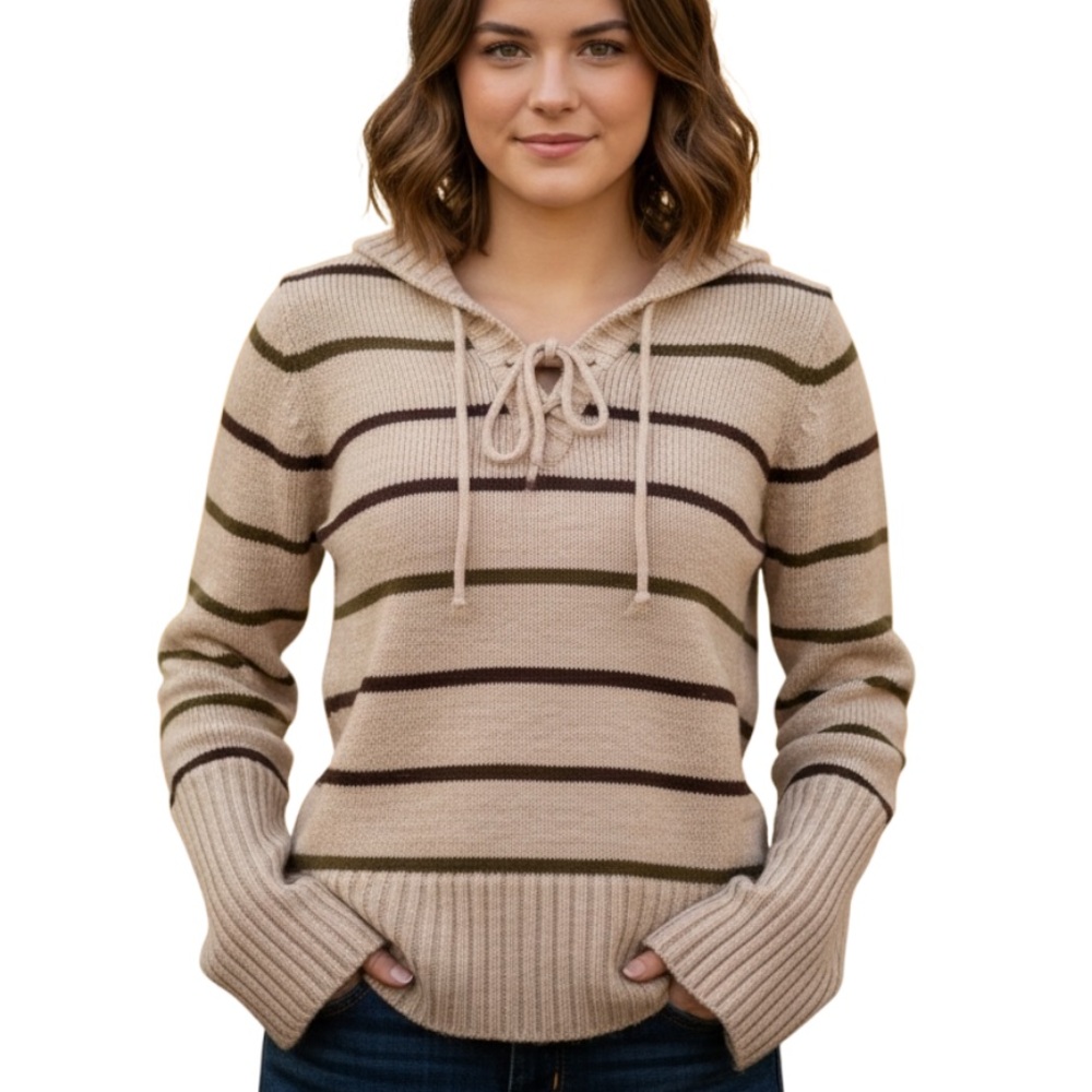 LEI KNIT AS SWEATER HOODIE Beige Black Classic Stripes Y2K 2000s V Neck JRs SZ S